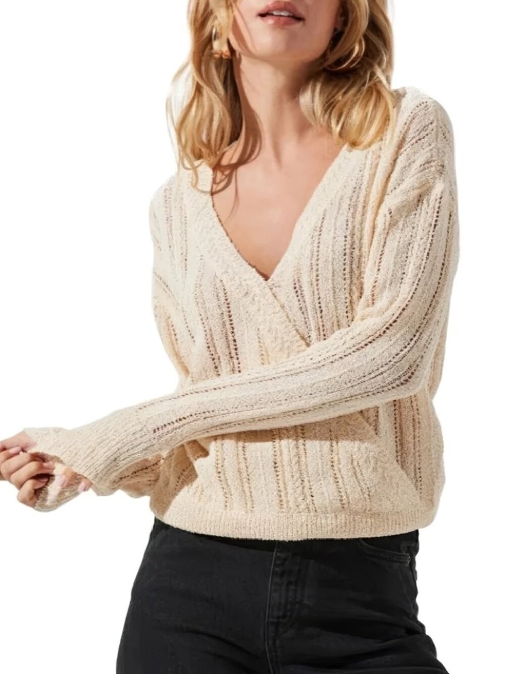 NWT ASTR the Label Cream Wrap Front Pointelle Open Knit Sweater L